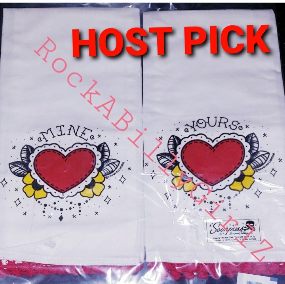 Sourpuss 2pc Yours & Mine Tattoo Valentines Hearts Matching Towels Red Pom Poms